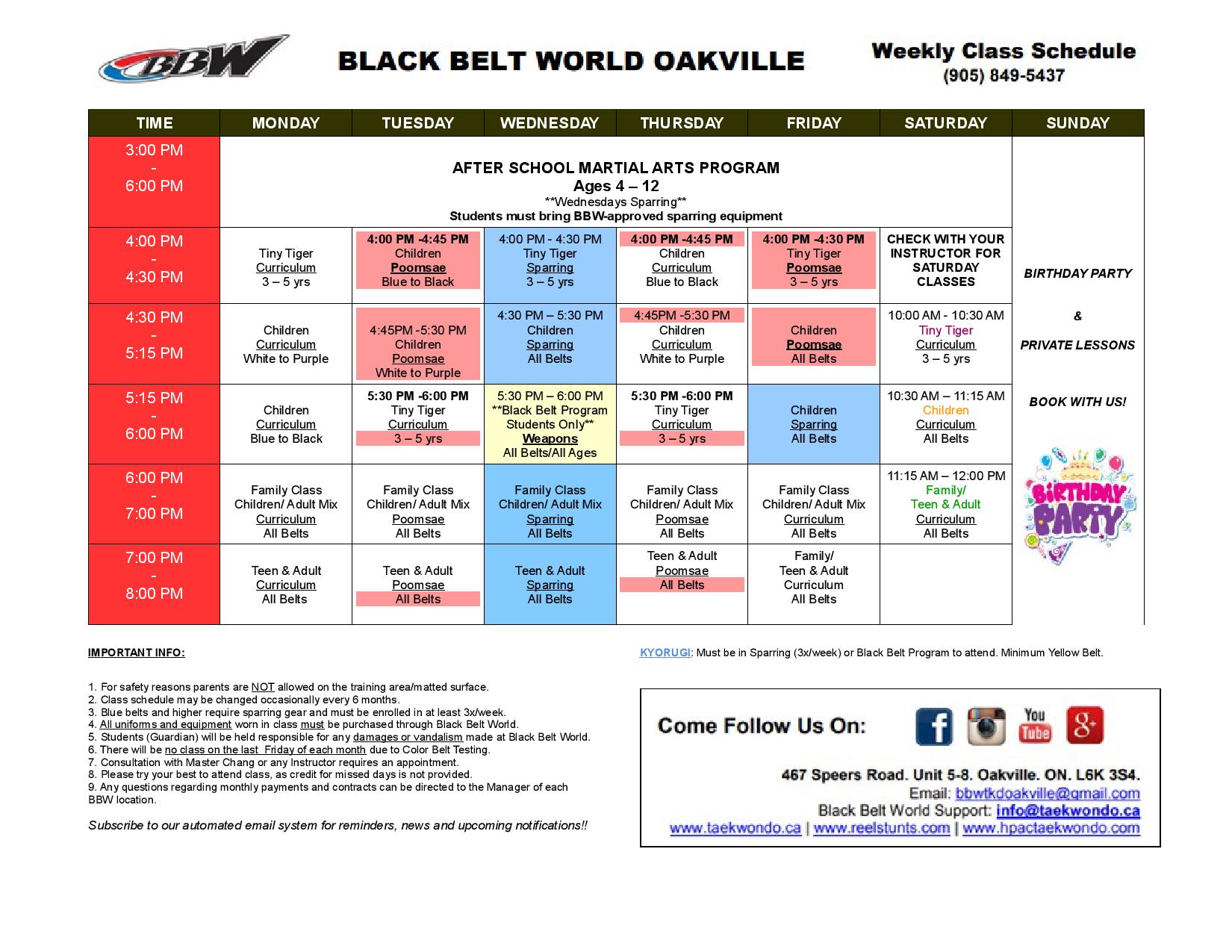 oakville class schedule